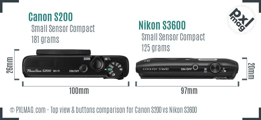 Canon S200 vs Nikon S3600 top view buttons comparison