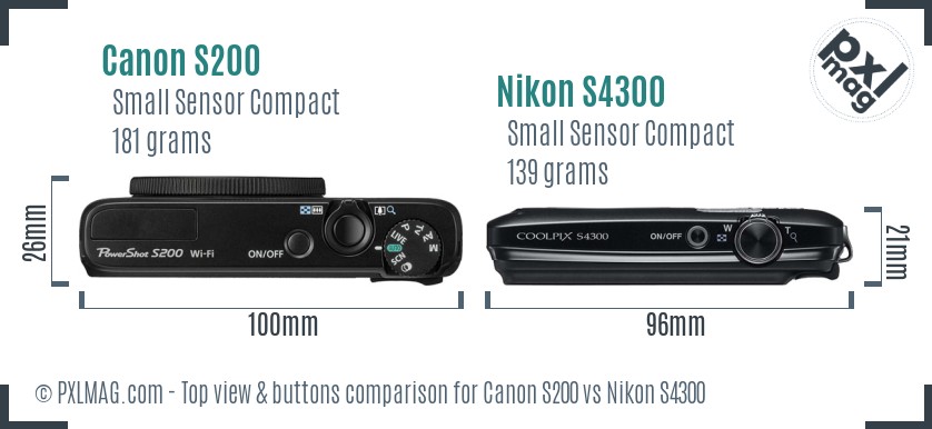Canon S200 vs Nikon S4300 top view buttons comparison
