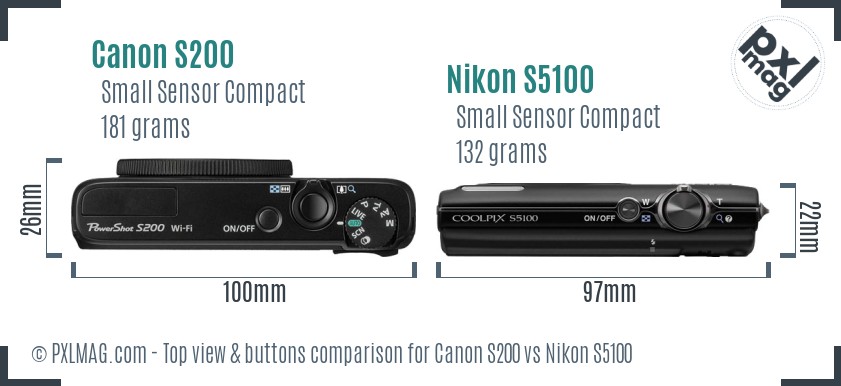 Canon S200 vs Nikon S5100 top view buttons comparison
