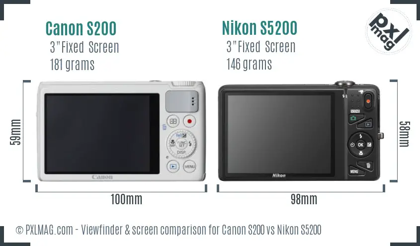 Canon S200 vs Nikon S5200 Screen and Viewfinder comparison