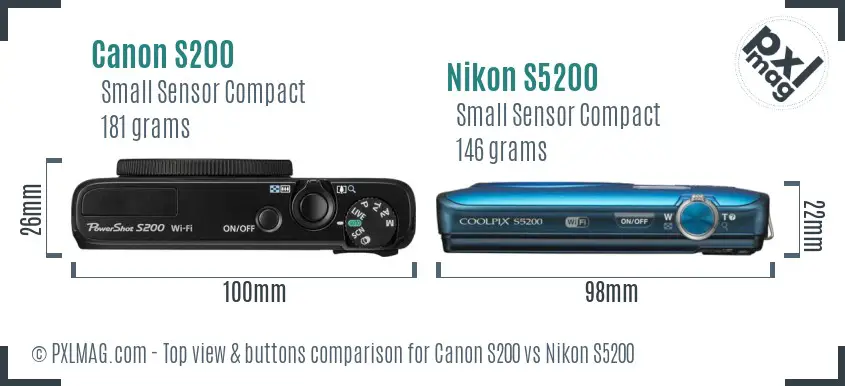 Canon S200 vs Nikon S5200 top view buttons comparison