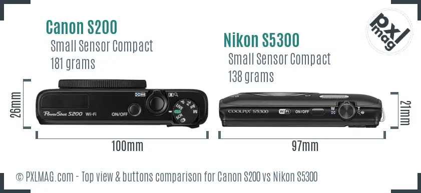 Canon S200 vs Nikon S5300 top view buttons comparison
