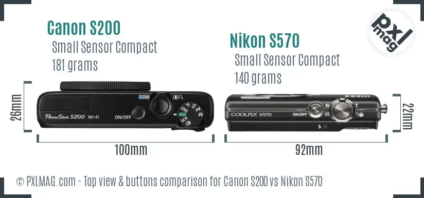 Canon S200 vs Nikon S570 top view buttons comparison
