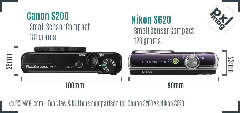 Canon S200 vs Nikon S620 top view buttons comparison