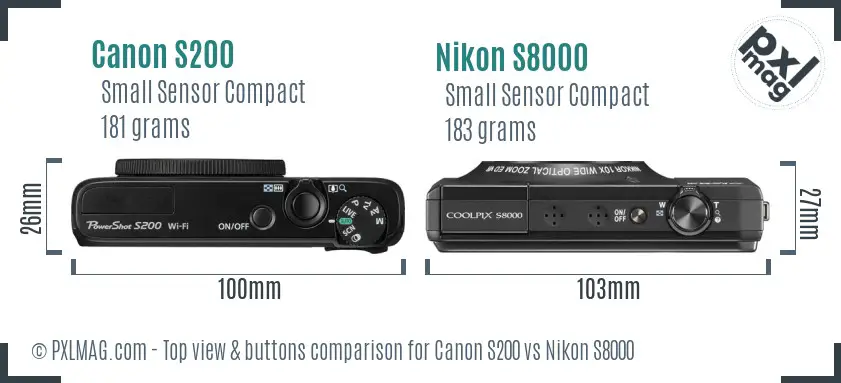 Canon S200 vs Nikon S8000 top view buttons comparison