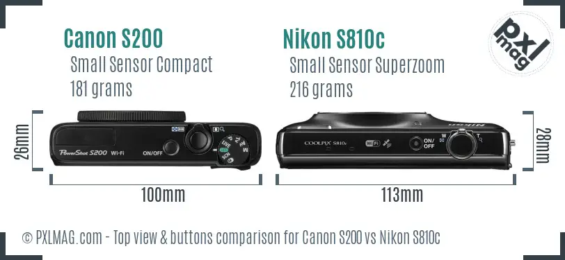 Canon S200 vs Nikon S810c top view buttons comparison