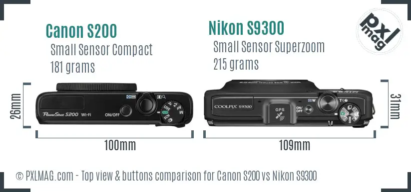 Canon S200 vs Nikon S9300 top view buttons comparison