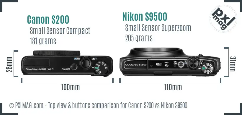 Canon S200 vs Nikon S9500 top view buttons comparison