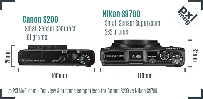 Canon S200 vs Nikon S9700 top view buttons comparison