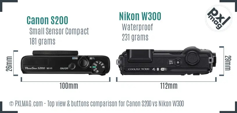 Canon S200 vs Nikon W300 top view buttons comparison Canon S200 vs Nikon W300 top view buttons comparison