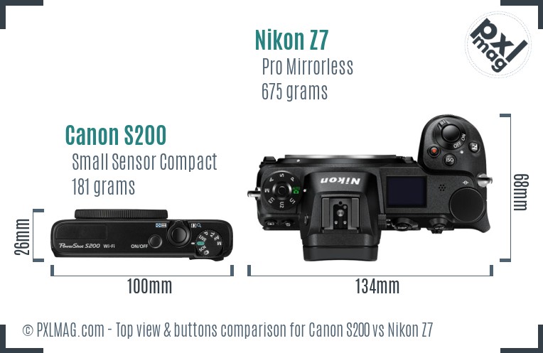 Canon S200 vs Nikon Z7 top view buttons comparison