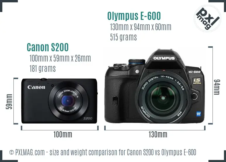 Canon S200 vs Olympus E-600 size comparison