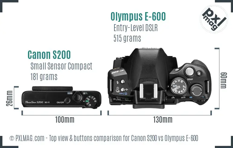 Canon S200 vs Olympus E-600 top view buttons comparison