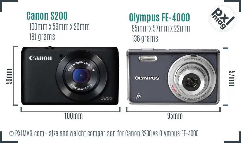 Canon S200 vs Olympus FE-4000 size comparison Canon S200 vs Olympus FE-4000 size comparison