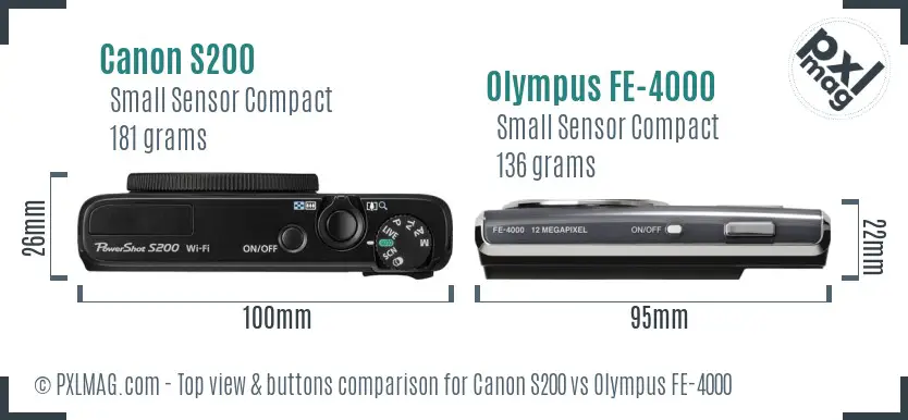 Canon S200 vs Olympus FE-4000 top view buttons comparison Canon S200 vs Olympus FE-4000 top view buttons comparison