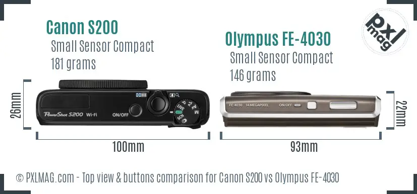 Canon S200 vs Olympus FE-4030 top view buttons comparison