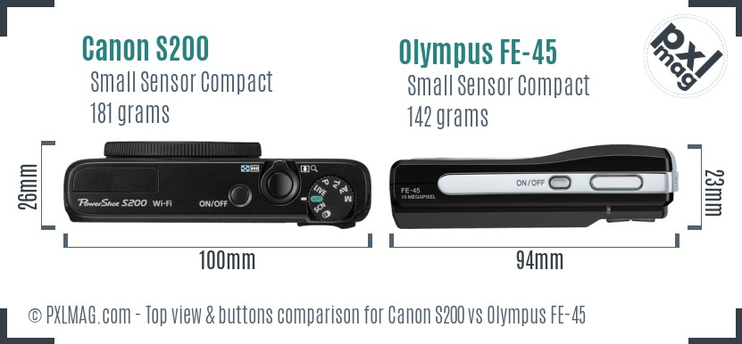 Canon S200 vs Olympus FE-45 top view buttons comparison