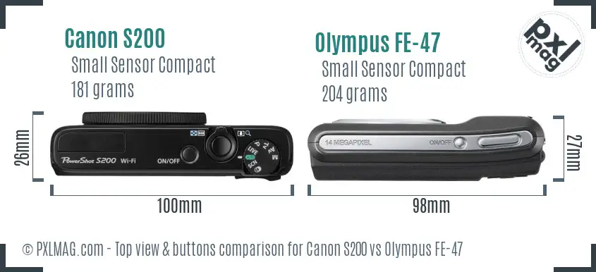 Canon S200 vs Olympus FE-47 top view buttons comparison