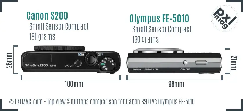 Canon S200 vs Olympus FE-5010 top view buttons comparison Canon S200 vs Olympus FE-5010 top view buttons comparison