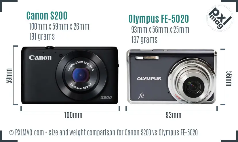 Canon S200 vs Olympus FE-5020 size comparison