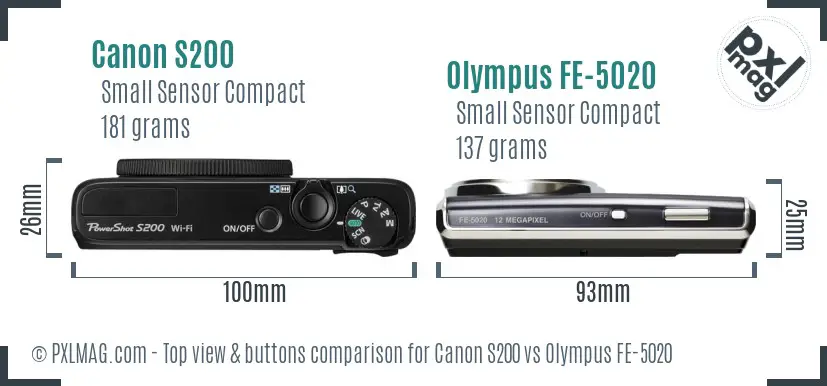 Canon S200 vs Olympus FE-5020 top view buttons comparison
