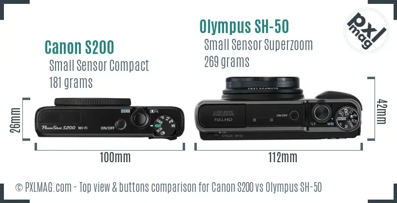 Canon S200 vs Olympus SH-50 top view buttons comparison