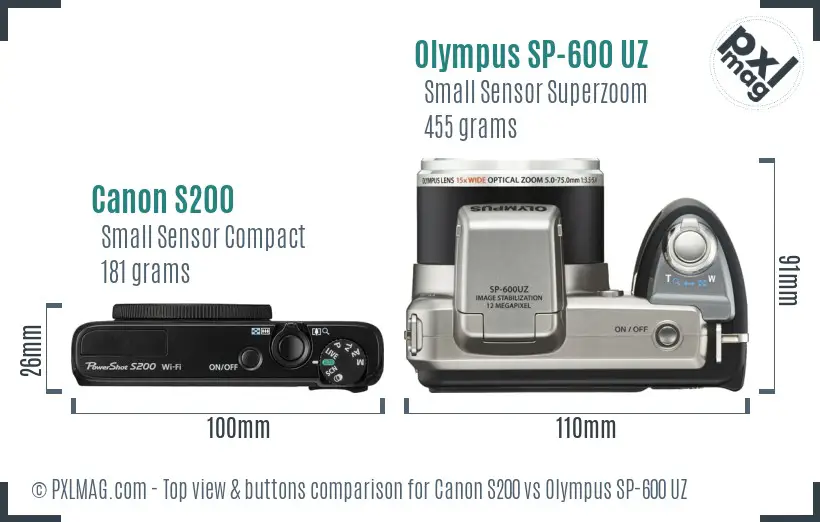 Canon S200 vs Olympus SP-600 UZ top view buttons comparison
