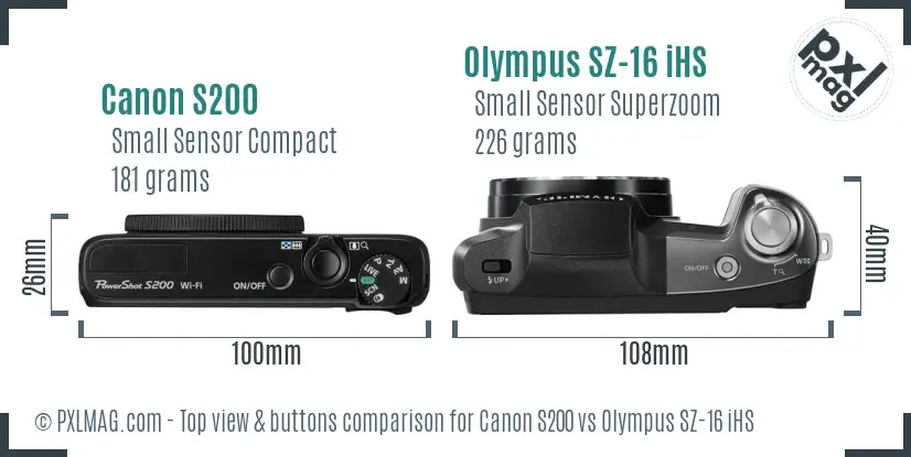 Canon S200 vs Olympus SZ-16 iHS top view buttons comparison Canon S200 vs Olympus SZ-16 iHS top view buttons comparison
