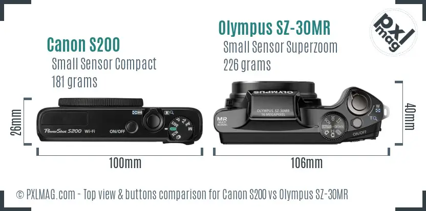 Canon S200 vs Olympus SZ-30MR top view buttons comparison