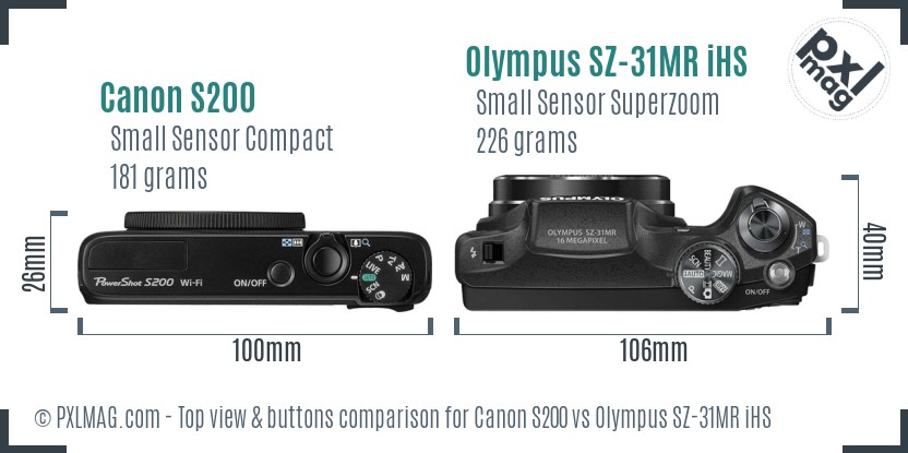 Canon S200 vs Olympus SZ-31MR iHS top view buttons comparison