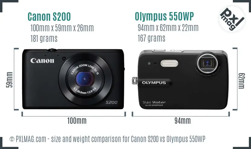 Canon S200 vs Olympus 550WP size comparison