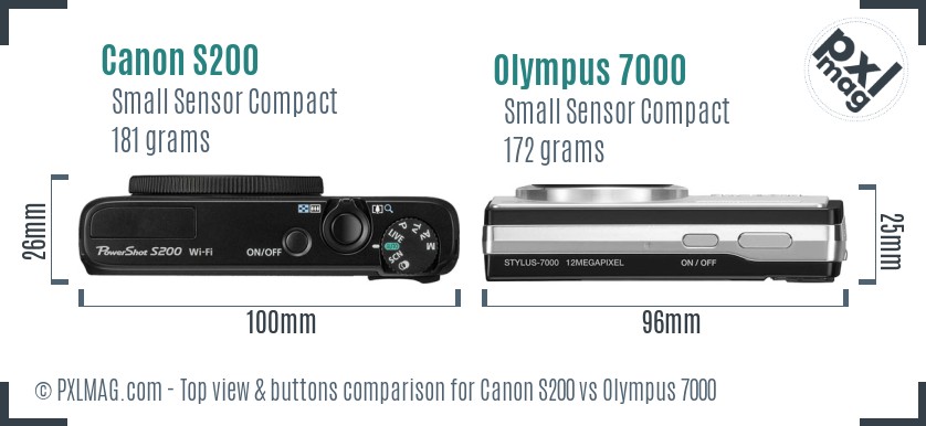Canon S200 vs Olympus 7000 top view buttons comparison
