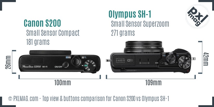 Canon S200 vs Olympus SH-1 top view buttons comparison