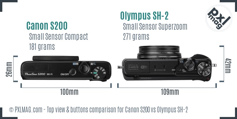 Canon S200 vs Olympus SH-2 top view buttons comparison