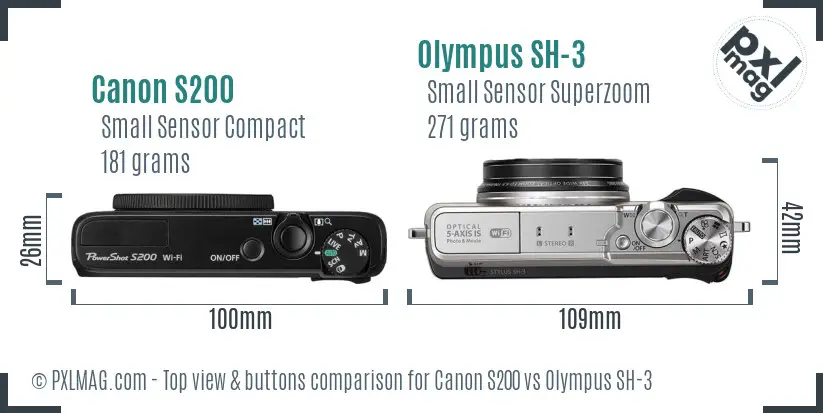 Canon S200 vs Olympus SH-3 top view buttons comparison