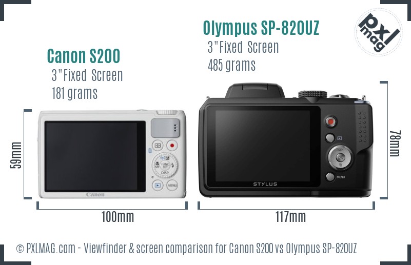 Canon S200 vs Olympus SP-820UZ Screen and Viewfinder comparison