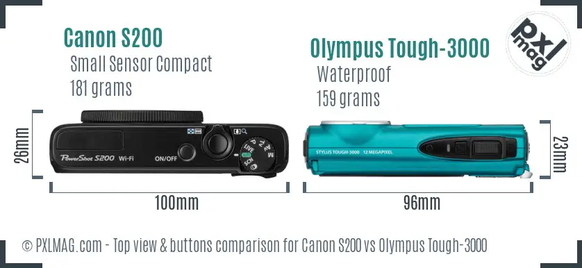 Canon S200 vs Olympus Tough-3000 top view buttons comparison