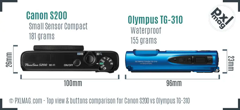 Canon S200 vs Olympus TG-310 top view buttons comparison