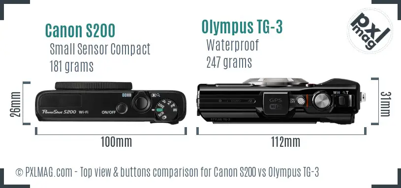 Canon S200 vs Olympus TG-3 top view buttons comparison