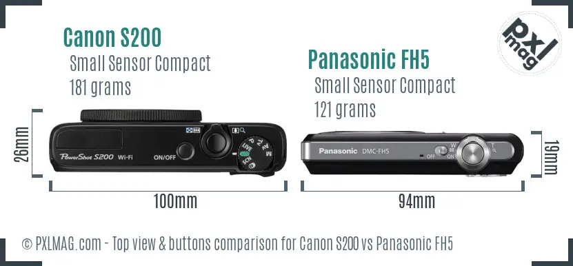 Canon S200 vs Panasonic FH5 top view buttons comparison Canon S200 vs Panasonic FH5 top view buttons comparison