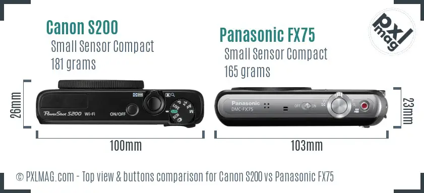 Canon S200 vs Panasonic FX75 top view buttons comparison Canon S200 vs Panasonic FX75 top view buttons comparison
