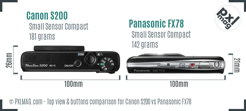 Canon S200 vs Panasonic FX78 top view buttons comparison Canon S200 vs Panasonic FX78 top view buttons comparison