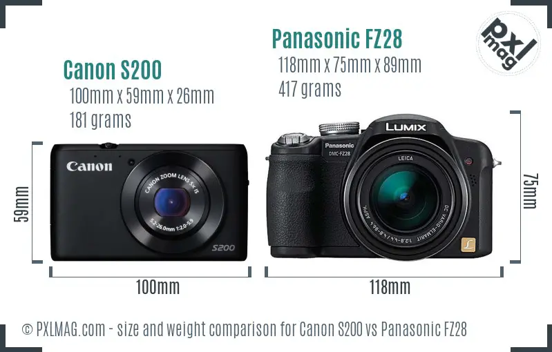 Canon S200 vs Panasonic FZ28 size comparison Canon S200 vs Panasonic FZ28 size comparison