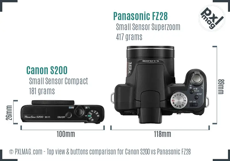 Canon S200 vs Panasonic FZ28 top view buttons comparison Canon S200 vs Panasonic FZ28 top view buttons comparison