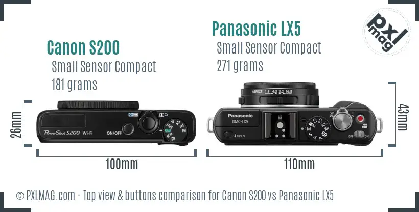 Canon S200 vs Panasonic LX5 top view buttons comparison