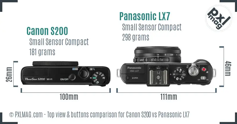 Canon S200 vs Panasonic LX7 top view buttons comparison Canon S200 vs Panasonic LX7 top view buttons comparison