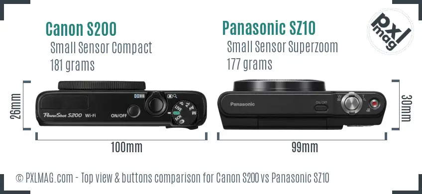 Canon S200 vs Panasonic SZ10 top view buttons comparison