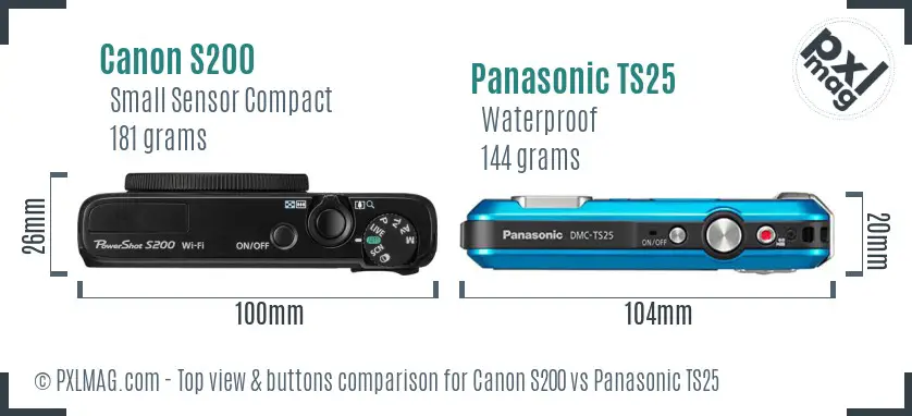 Canon S200 vs Panasonic TS25 top view buttons comparison Canon S200 vs Panasonic TS25 top view buttons comparison