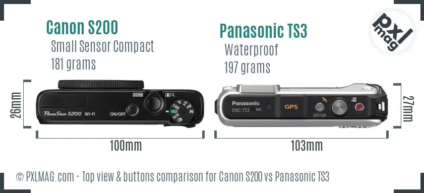 Canon S200 vs Panasonic TS3 top view buttons comparison