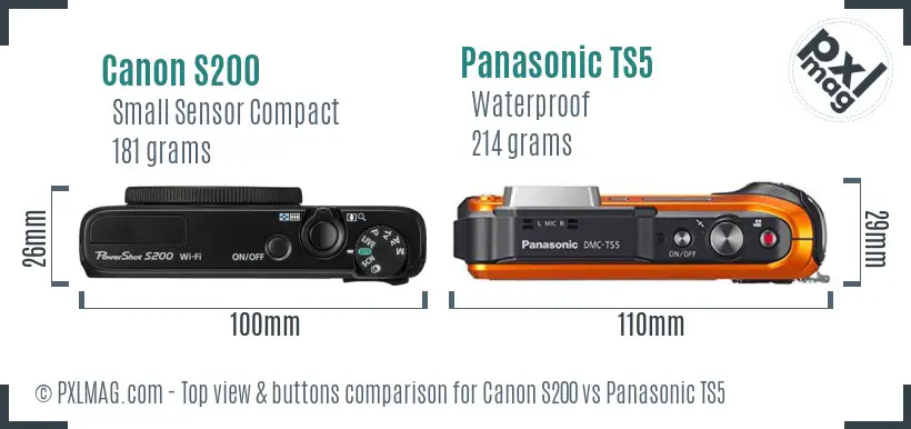Canon S200 vs Panasonic TS5 top view buttons comparison Canon S200 vs Panasonic TS5 top view buttons comparison